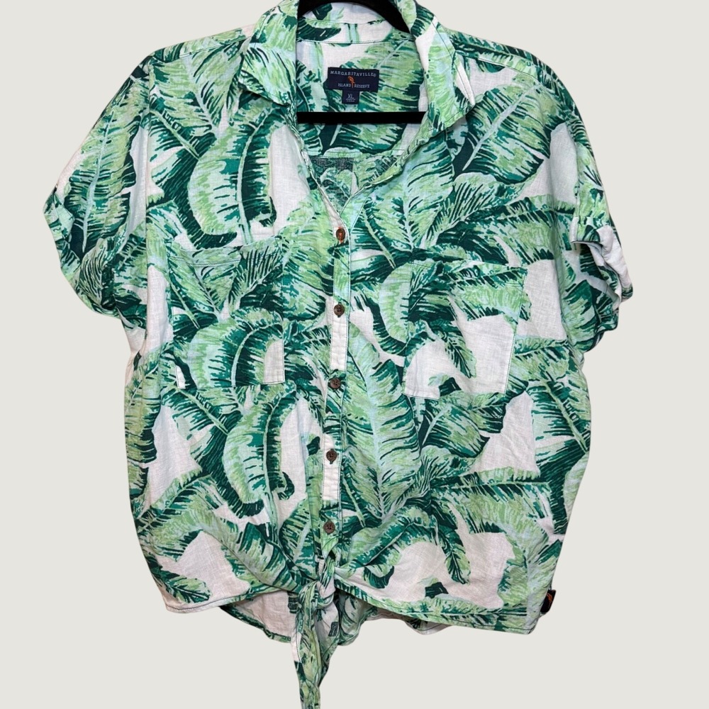 Margaritaville Island Reserve Tropical Banana Leaf Linen Blend Tie-Front Top XL